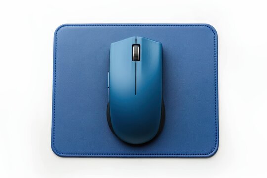 Wired optical mouse and blue pad on white background