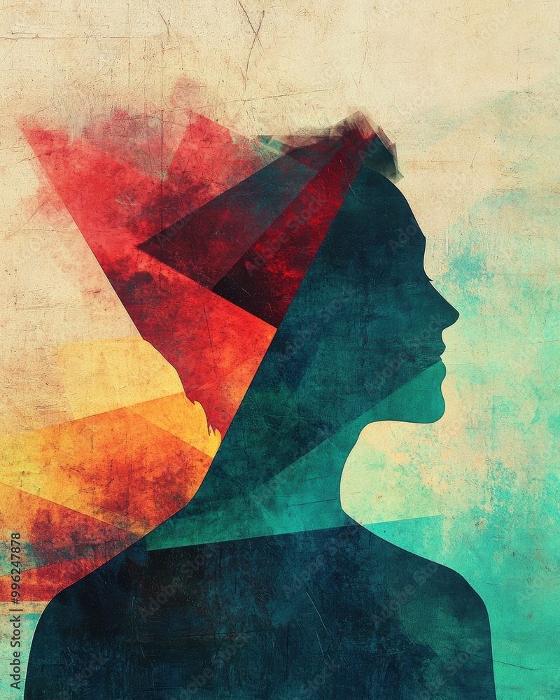 Poster silhouette dissolving into geometric patterns