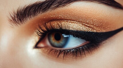 Obraz premium A close-up of a woman eye adorned with intricate eyeliner and false eyelashes, showcasing the artistry of eye makeup and enhancing her gaze.
