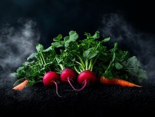 A still life of rare and unusual root vegetables, including black radishes and purple carrots