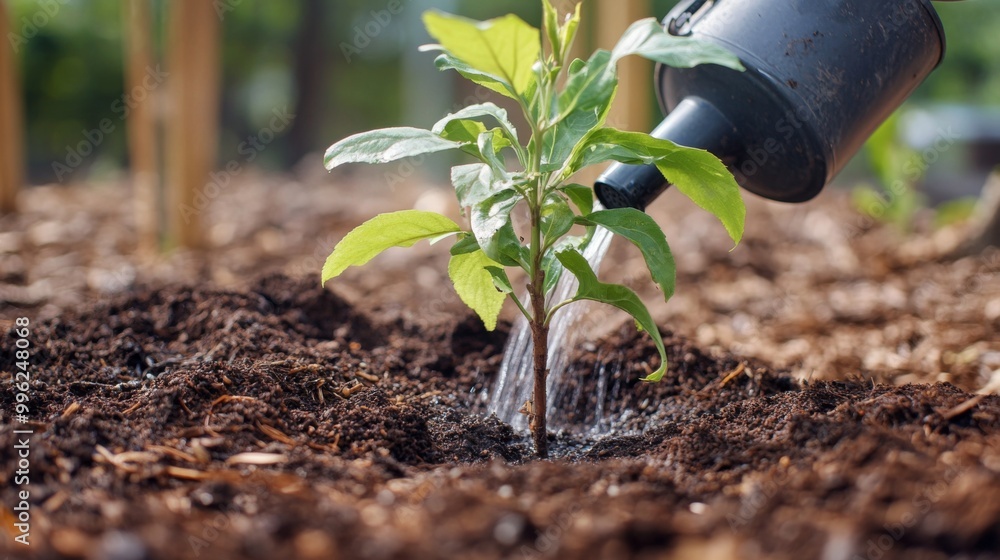 Poster A close-up of a tree sapling being watered with a can, surrounded by fresh soil and mulch, symbolizing the care and nurturing needed for new growth.