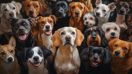  A large group of dogs of different breeds with various fur colors looking directly at the camera, creating a pleasant and friendly image