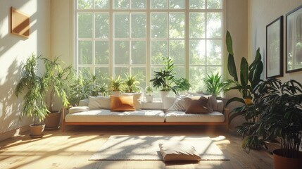 Stylish living room featuring a comfortable sofa, indoor plants, and natural light pouring in through large windows.