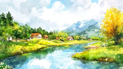 Fototapeta premium Watercolor Painting of a Serene River Winding Through a Picturesque Village.