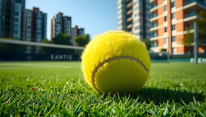  A vibrant scene featuring a bright yellow tennis ball positioned on a well-maintained green grass tennis court, generative ai