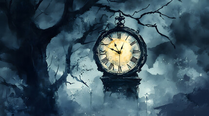 Sinister gothic clock stuck at midnight Watercolors