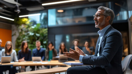 A company CEO addressing employee in a town hall mee