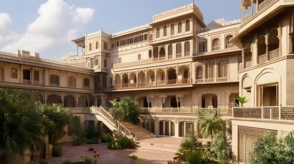 Fototapeta premium Traditional Indian Architecture with Intricate Detailing and Lush Greenery.
