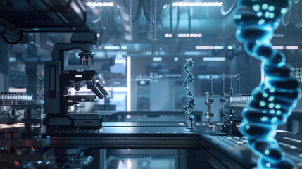 Fototapeta premium Automated laboratory machines working with gene editing tools in a futuristic biotechnology lab
