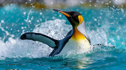 Majestic penguin swimming gracefully through the water, capturing a stunning action moment in the wild, highlighting the aquatic agility of these remarkable birds in their natural ocean habitat.

