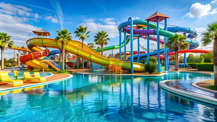 Obraz premium A vibrant water park with thrilling slides and a refreshing pool for a fun summer holiday , summer, water park, slides, pool