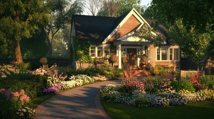 A Brick House with a Lush Flower Garden and Stone Path