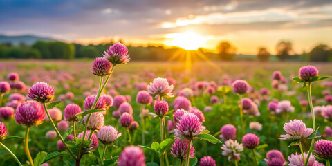 Obraz premium Blooming wild clover in a meadow at sunrise, wildflower, nature, field, red clover, flora, sunrise, morning, meadow, blooming