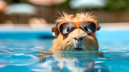Adorable hamster swimming with tiny goggles in a pool, creating a playful and fun moment perfect for showcasing unique pet adventures and water-loving pets, ideal for summer and animal lovers.

