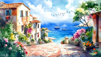 Watercolor Painting of a Mediterranean Village by the Sea.