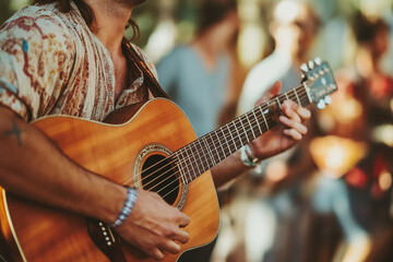 Obraz premium A man is playing a guitar in a park