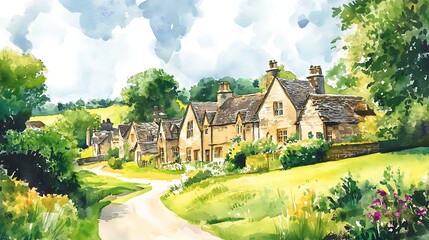 Naklejka premium Watercolor Painting of a Picturesque Village in England.