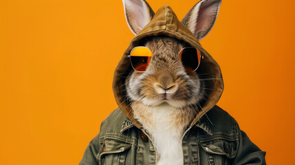 Stylish rabbit wearing sunglasses posing confidently against a vibrant yellow background, capturing a playful and fashionable moment that showcases the fun personality of this adorable pet in a creati