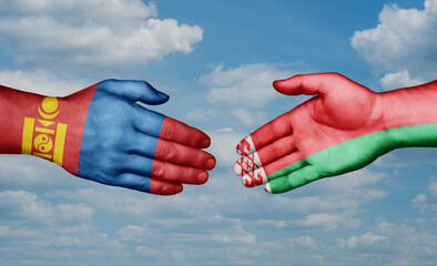 Belarus and Mongolia country handshaking with flags, consensus concept international co-operation illustration