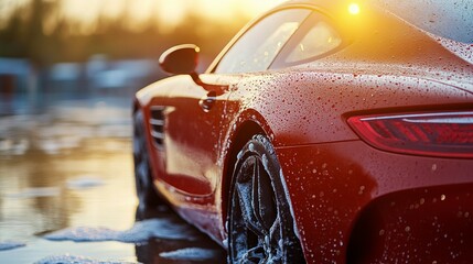 Clean shiny car during automatic wash with water and soap flowing, car washing process new beautiful stock image illustration AI