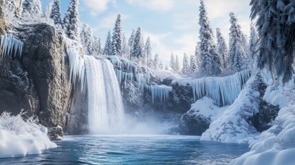 A waterfall in a snowy landscape, partially frozen, with icicles hanging and snow-covered trees around.