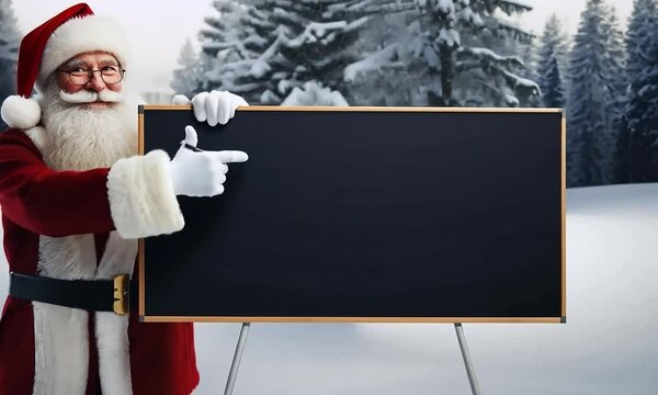 P&egrave;re No&euml;l montrant un tableau noir vide sur chevalet dans un paysage enneig&eacute;, fond hivernal avec espace n&eacute;gatif copyspace pour texte, 25 d&eacute;cembre No&euml;l, mock up et f&ecirc;tes de fin d'ann&eacute;e