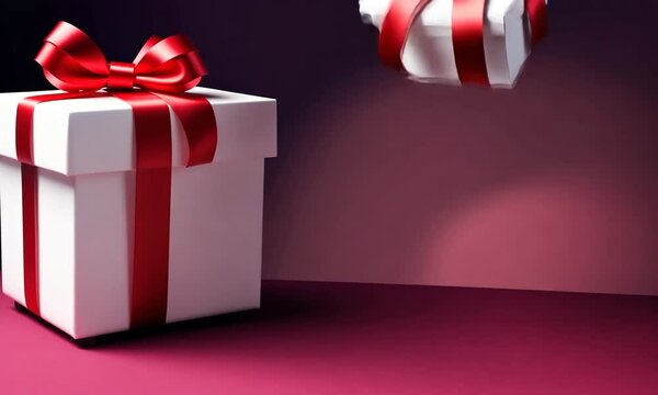 Deux paquets cadeaux blancs avec rubans rouges sur fond rose, dont un en chute libre simulant un cadeau tombant du ciel, pour anniversaire, Saint-Valentin ou No&euml;l