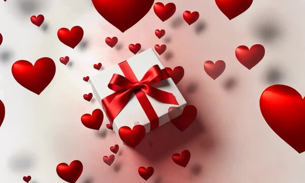 Paquet cadeau blanc avec ruban rouge entour&eacute; de nombreux c&oelig;urs rouges en 3D qui s&rsquo;envolent sur fond clair, visuel romantique pour la Saint-Valentin ou une occasion amoureuse