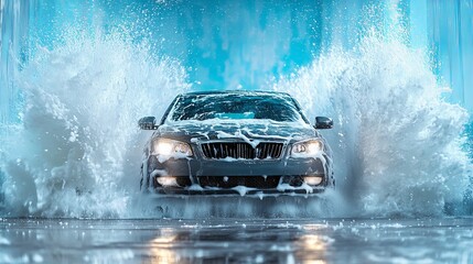 Clean shiny car during automatic wash with water and soap flowing, car washing process new beautiful stock image illustration AI