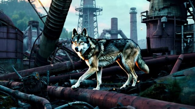 Loup gris marchant sur des structures m&eacute;talliques rouill&eacute;es dans un paysage industriel en ruine, sc&egrave;ne contrast&eacute;e entre faune sauvage et environnement post-apocalyptique