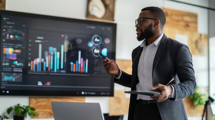 A professional learning new marketing strategies through an online course in a stylish office setting