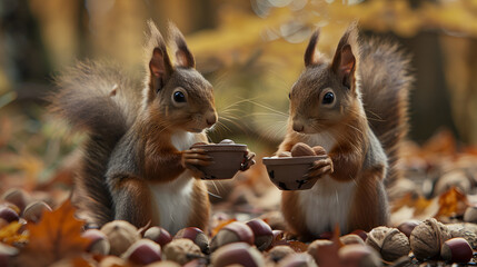 Cute squirrels enjoying a snack while surrounded by pumpkins in a cozy autumn setting, capturing the essence of fall and the natural beauty of wildlife during harvest season, perfect for seasonal them