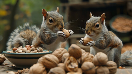 Cute squirrels enjoying a snack while surrounded by pumpkins in a cozy autumn setting, capturing the essence of fall and the natural beauty of wildlife during harvest season, perfect for seasonal them