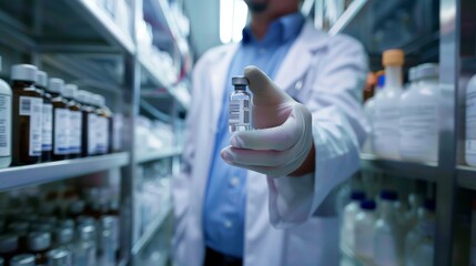 A healthcare worker in a lab coat holds up a vial, showcasing it against a backdrop of well-organized lab shelves filled with various containers.