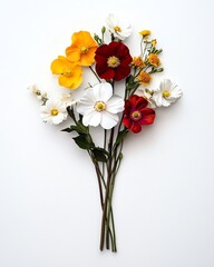 Obraz premium A colorful bouquet featuring yellow, red, and white flowers on a white isolated background.