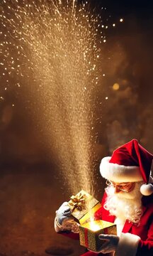 P&egrave;re No&euml;l ouvrant un paquet cadeau dor&eacute; d'o&ugrave; jaillissent des gerbes d'&eacute;tincelles scintillantes, &eacute;crivant le texte "Merry Christmas" en anglais, sc&egrave;ne magique et festive