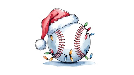 A festive baseball adorned with Christmas lights and a Santa hat on a white isolated background.