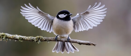 A bird with outstretched wings perches on a branch, showcasing its vibrant plumage and detailed features against a soft background.