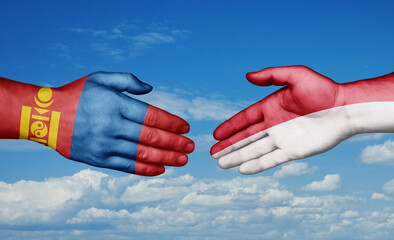 Indonesia and Mongolia country handshaking with flags, consensus concept international co-operation illustration