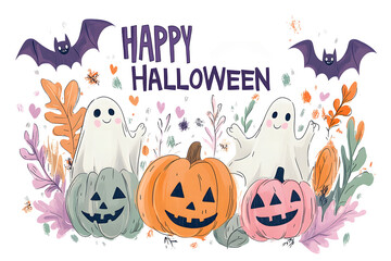 Happy Halloween Cute Ghosts and Pumpkin Cartoon Illustration design