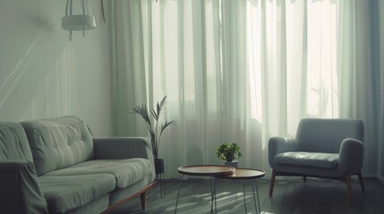Sunlit living room with modern furniture, featuring a gray sofa, armchair, and coffee tables, exuding a minimalist and serene ambiance.
