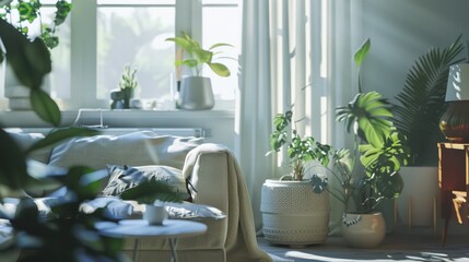 Fototapeta premium A sunlit indoor space adorned with lush green plants, creating a tranquil and vibrant, cozy atmosphere.
