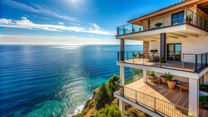 Beautiful coastal house with balcony overlooking blue sea, coastal, house, balcony, blue sea, oceanview
