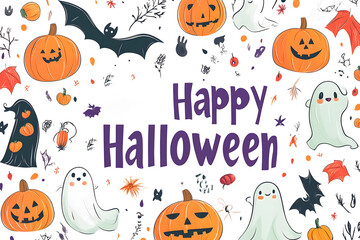Happy Halloween Cute Ghosts and Pumpkin Cartoon Illustration design