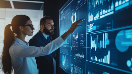 A team of HR professionals analyzing recruitment data on a large interactive digital screen