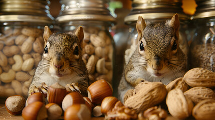 Cute squirrels enjoying a snack while surrounded by pumpkins in a cozy autumn setting, capturing the essence of fall and the natural beauty of wildlife during harvest season, perfect for seasonal them