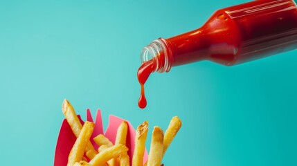 Close-up of a ketchup bottle pouring over a carton of fries against a vibrant turquoise background, capturing a moment of indulgence.