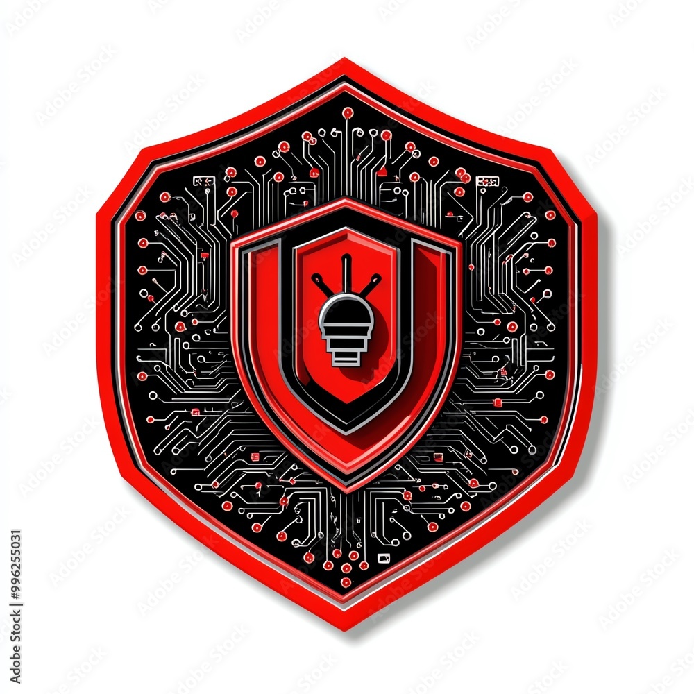 Poster a modern shield design with circuit patterns, symbolizing protection and innovation in technology.