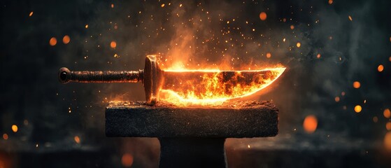 A glowing, fiery knife rests on an anvil, surrounded by embers, showcasing the art of blacksmithing and the craft of sword-making.
