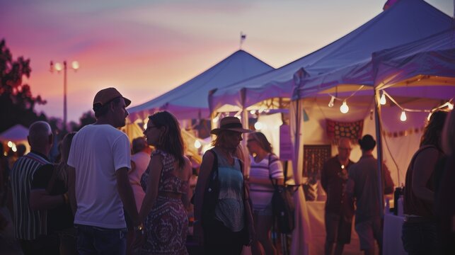 A bustling evening market with vibrant stalls and illuminated tents under a colorful sunset sky, creating a lively community atmosphere.